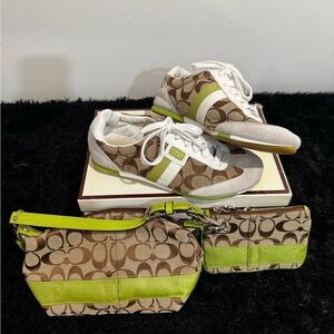 Coach Brown and Lime Green Bag, Wristlet, and Sneakers